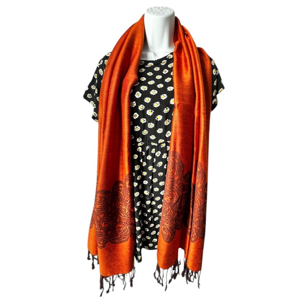 100% Cashmere Rox Scarf With Rose Pattern 27"x71" & 3" Fringe Orange Brown - Picture 2 of 10